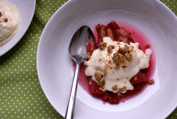 Roasted rhubarb with ginger white chocolate crumble crunch ice cream